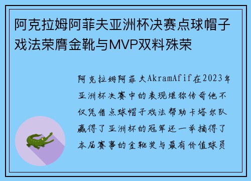 阿克拉姆阿菲夫亚洲杯决赛点球帽子戏法荣膺金靴与MVP双料殊荣 阿克拉姆阿菲夫亚洲杯决赛点球帽子戏法荣膺金靴与MVP双料殊荣